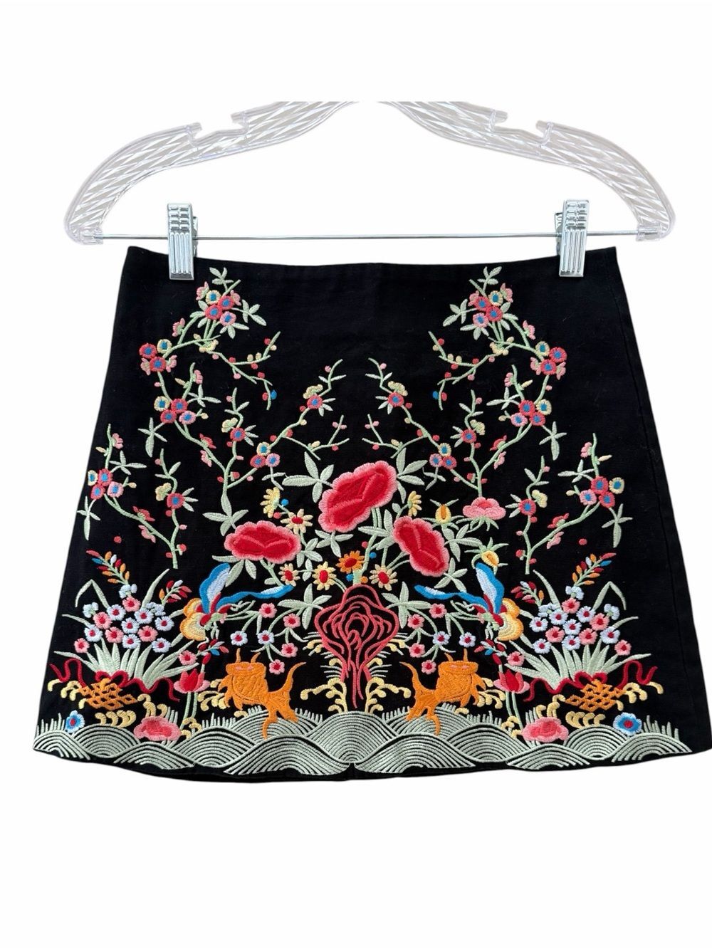 Zara Woman Embroidered Floral Mini Skirt Black Festival Hippie Boho Fairy Sz XS